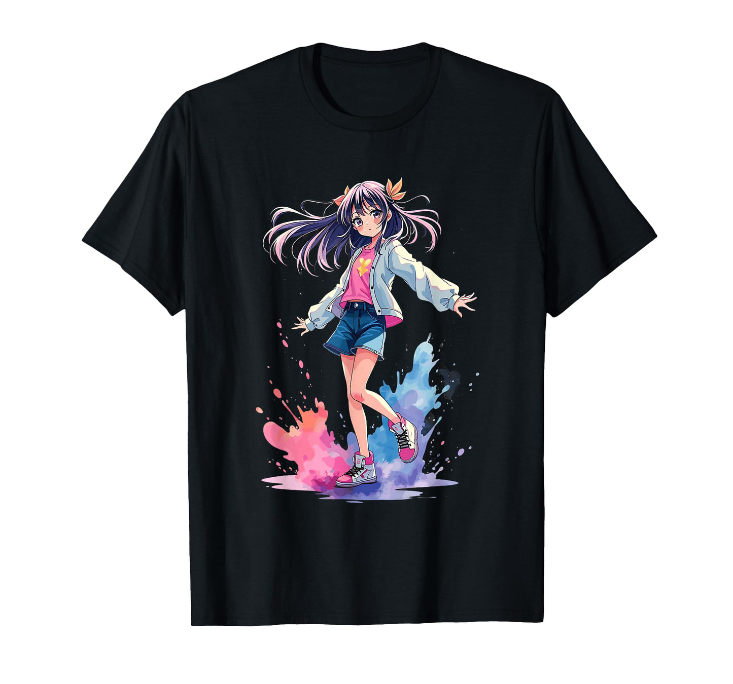 Anime Splash Girl Watercolor Art T-Shirt