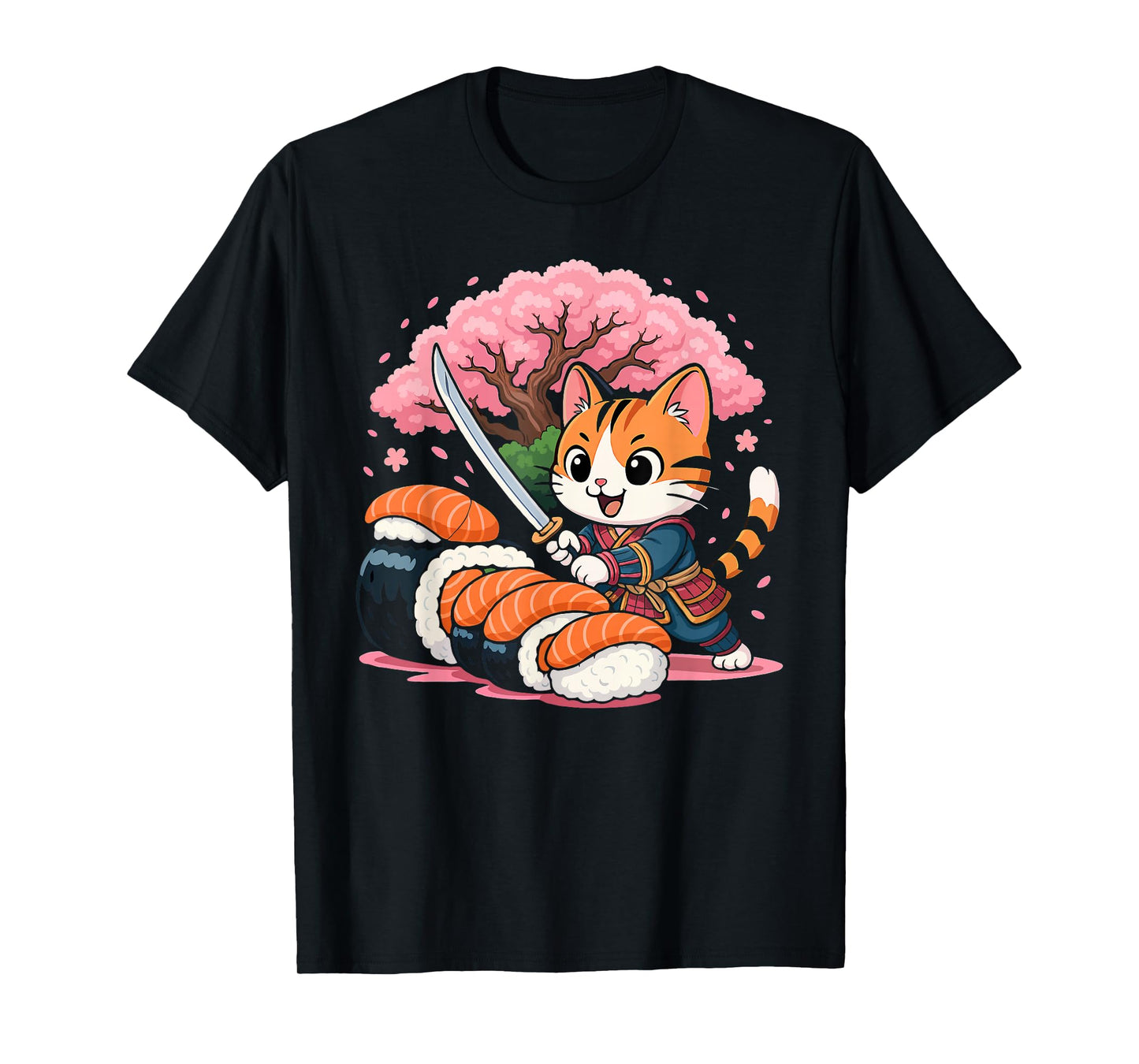 Kawaii Samurai Cat Sushi Funny Japanese Food Lovers T-Shirt