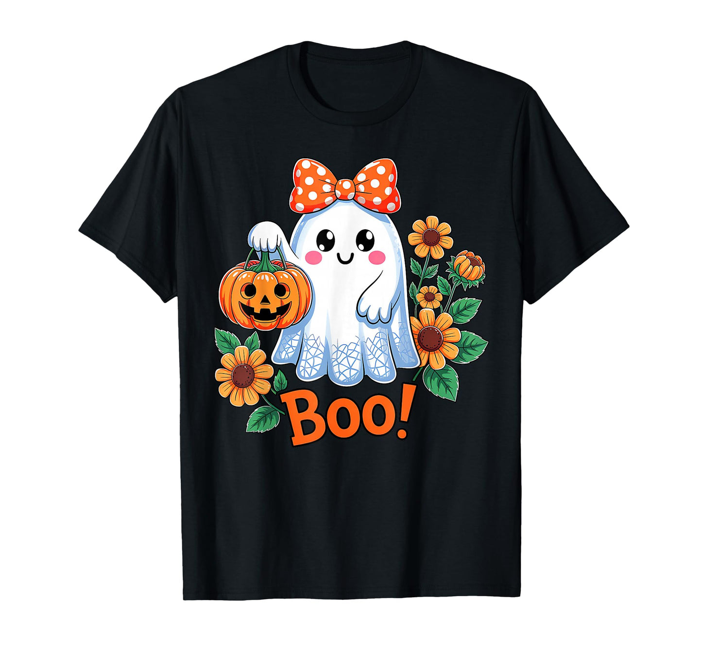 Retro Floral Boo Ghost Pumpkin Bow Halloween Women Girls T-Shirt