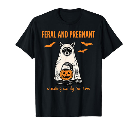 Feral and Pregnant Ghost Raccoon Halloween Fall Announcement T-Shirt