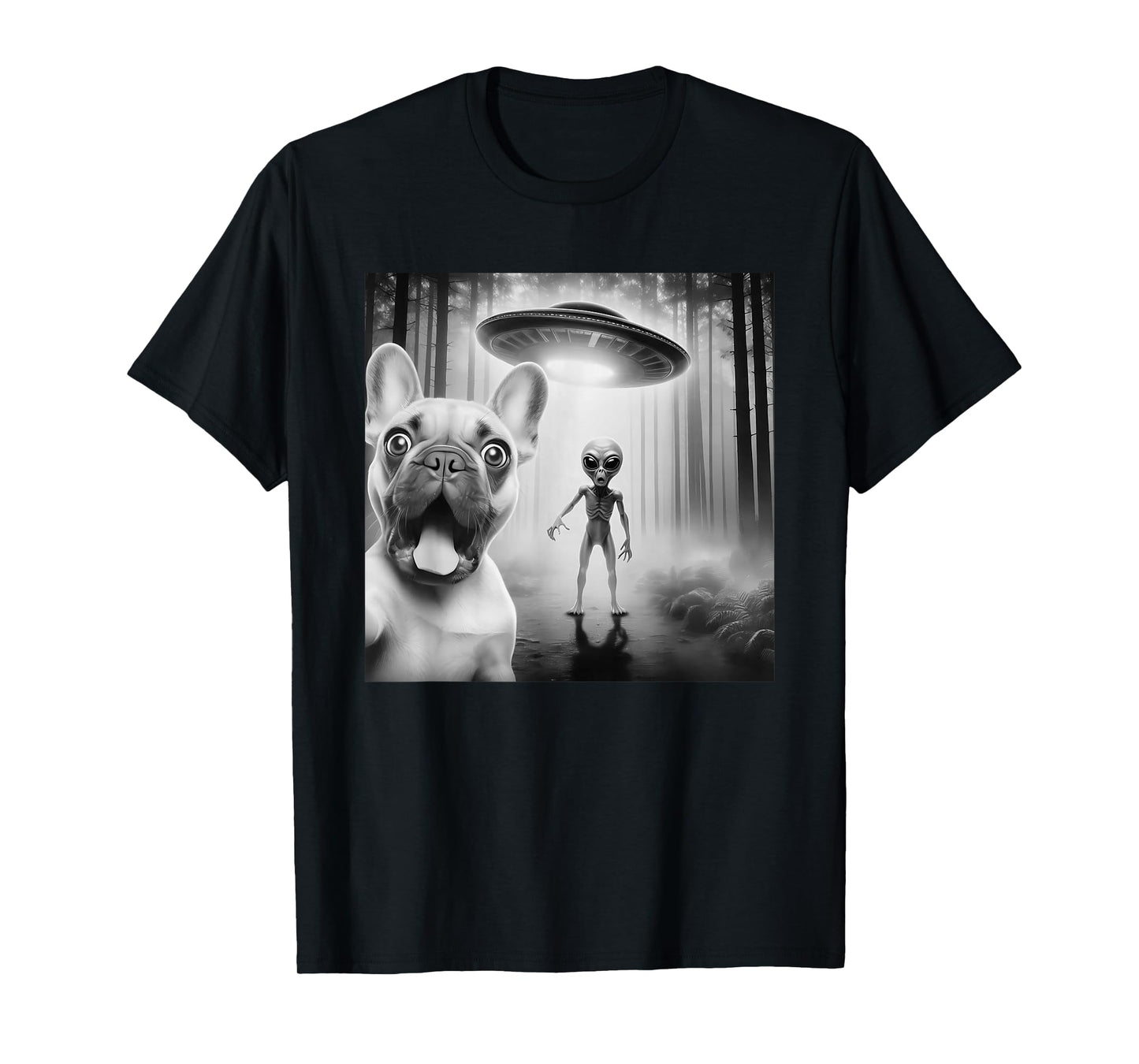 Funny French bulldog surprised Selfie with alien UFO T-Shirt