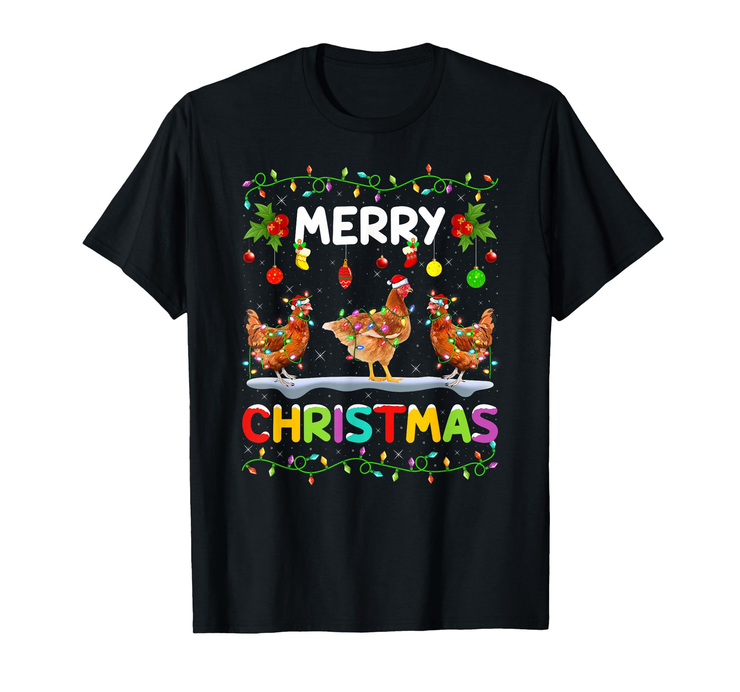 Chicken Merry Christmas Lights Santa Hat Funny Chicken Xmas T-Shirt