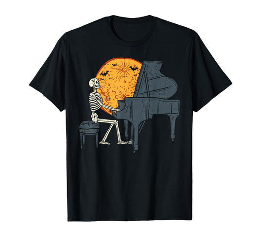 Skeleton Playing Piano Moon Halloween Music Boys Men T-Shirt