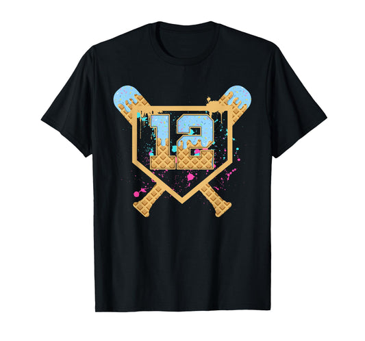 Baseball 12 Year Old Ice Cream Drip 12th Birthday Number 12 T-Shirt