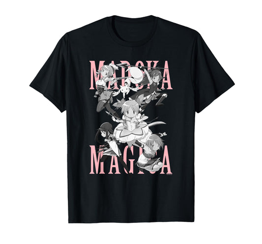Madoka Magica Black and White Cast Action Pose Anime T-Shirt