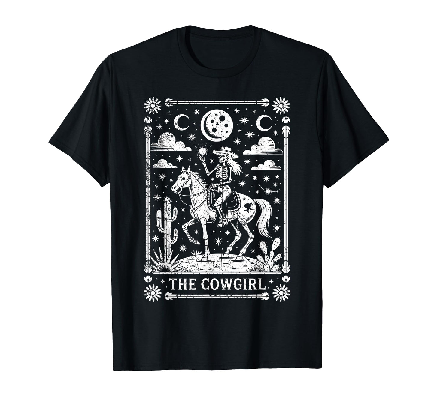 Skeleton Cowgirl Riding Horse Tarot Card Gothic Halloween T-Shirt