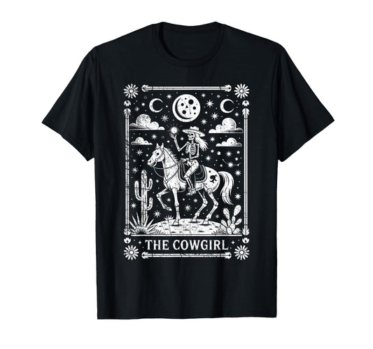 Skeleton Cowgirl Riding Horse Tarot Card Gothic Halloween T-Shirt