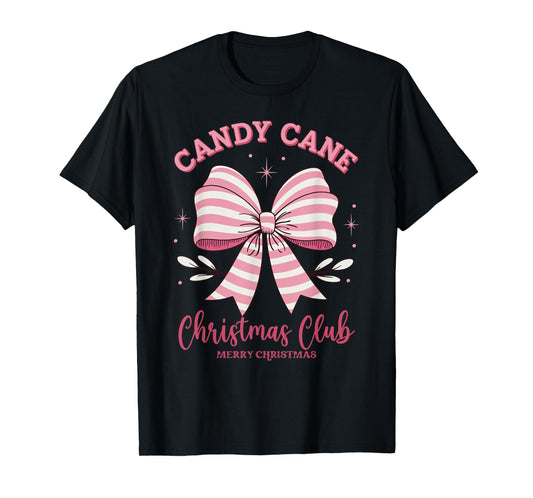 Pink Candy Cane Christmas Club Cute Coquette Bow Women Girl T-Shirt
