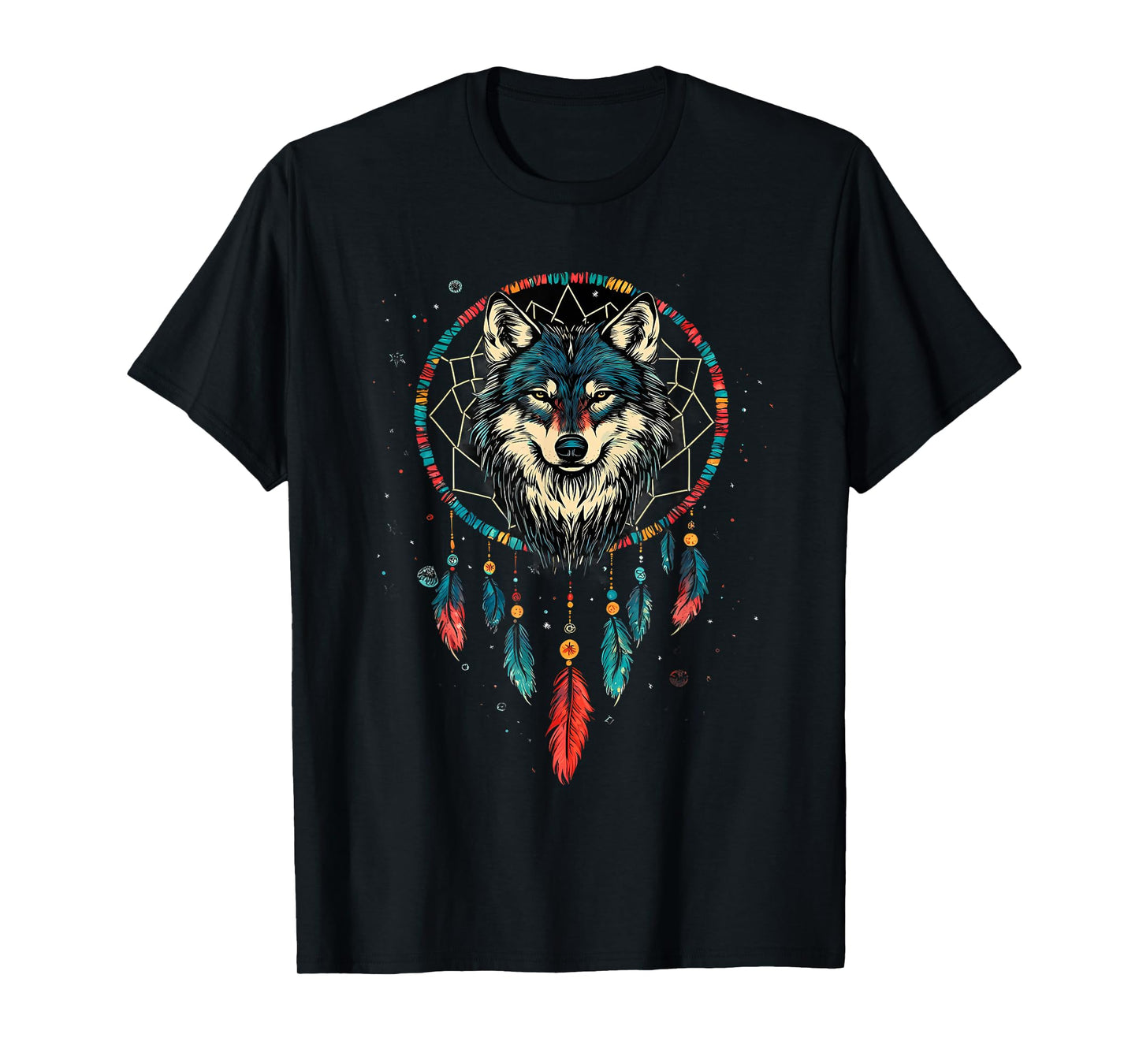 Dreamcatcher Wolf Native American Feather Headdress T-Shirt