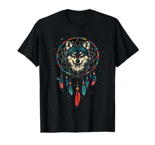 Dreamcatcher Wolf Native American Feather Headdress T-Shirt