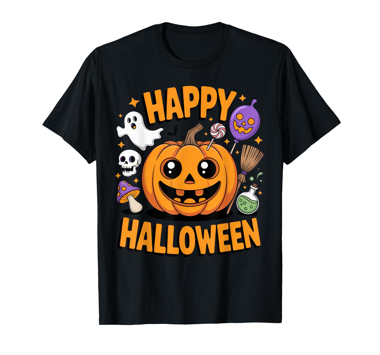 Happy Halloween Cute Pumpkin with Ghost and Witchy Elements T-Shirt