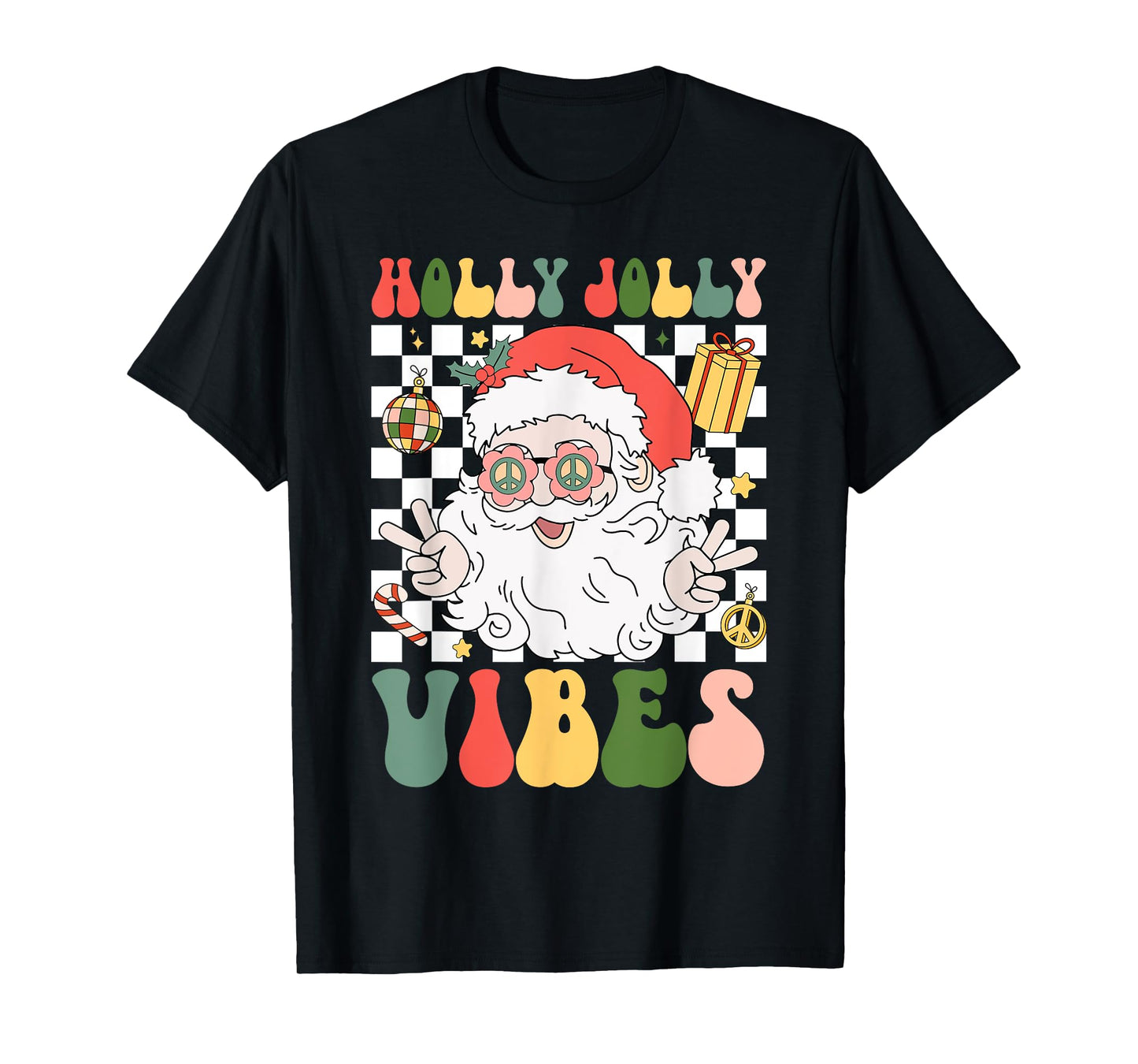 Retro Groovy Holly And Jolly Vibes Peace Santa Xmas Lights T-Shirt