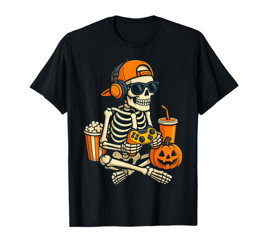 Halloween Skeleton Gamer Video Gaming Boys Men Kids Tees T-Shirt