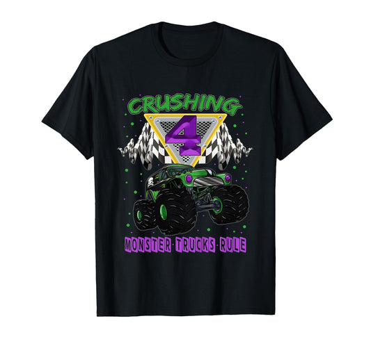 Monster Truck Crushing 4 Years Old Four 4th Birthday T-Shirt