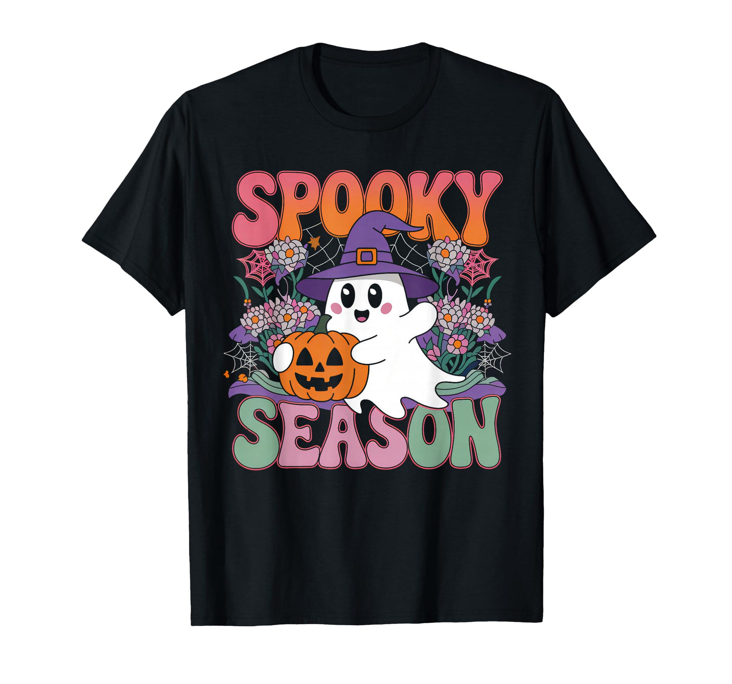 Groovy Spooky Season Retro Ghost Holding Pumpkin Halloween T-Shirt