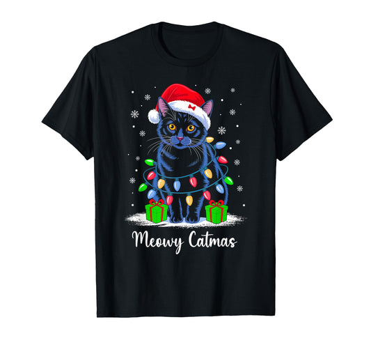 Meowy Catmas Xmas Lights Red Santa Hat Christmas Cat Lover T-Shirt