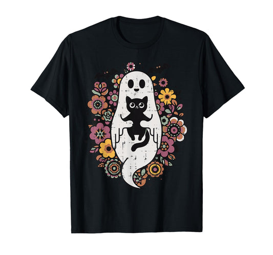 Halloween Ghost Black Cat Retro Costume Groovy Women Girls T-Shirt