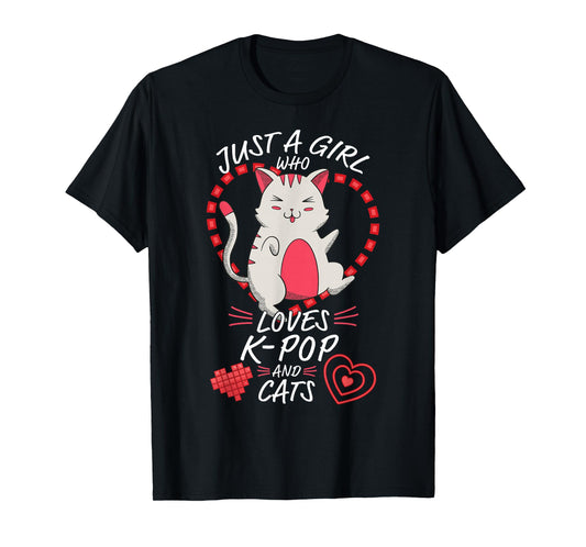 Just A Girl Who Loves K-Pop and Cats - Cute Anime Kawaii Cat T-Shirt