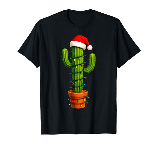 Funny Cactus Santa Hat Xmas Tree Lights Merry Christmas PJS T-Shirt