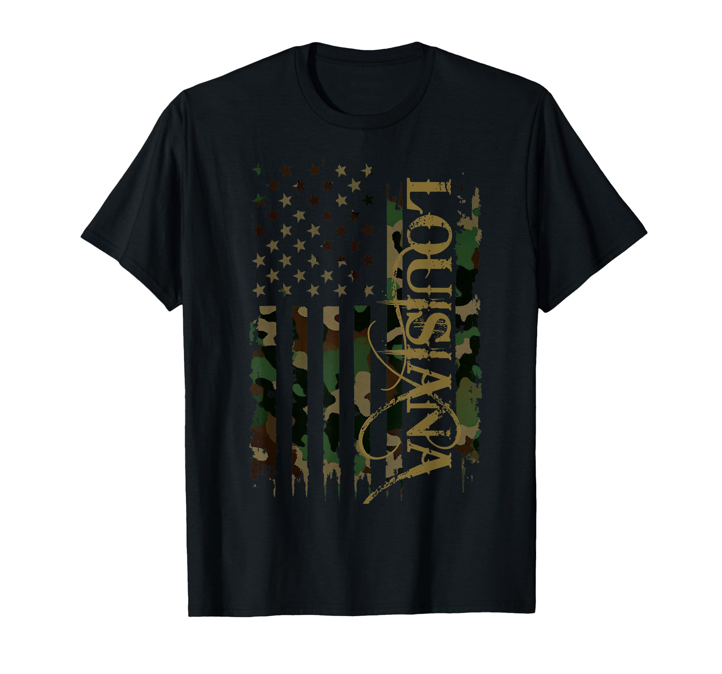 Louisiana United States Distressed Camo w US Flag T-Shirt