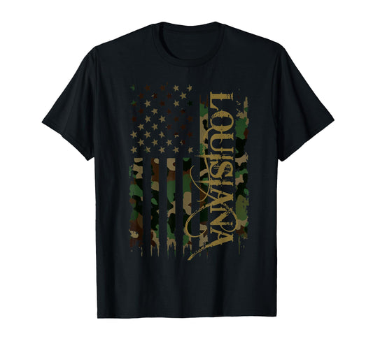 Louisiana United States Distressed Camo w US Flag T-Shirt