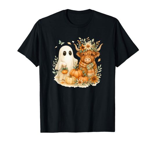 Highland Cow & Ghost Pumpkin Patch Watercolor Halloween T-Shirt