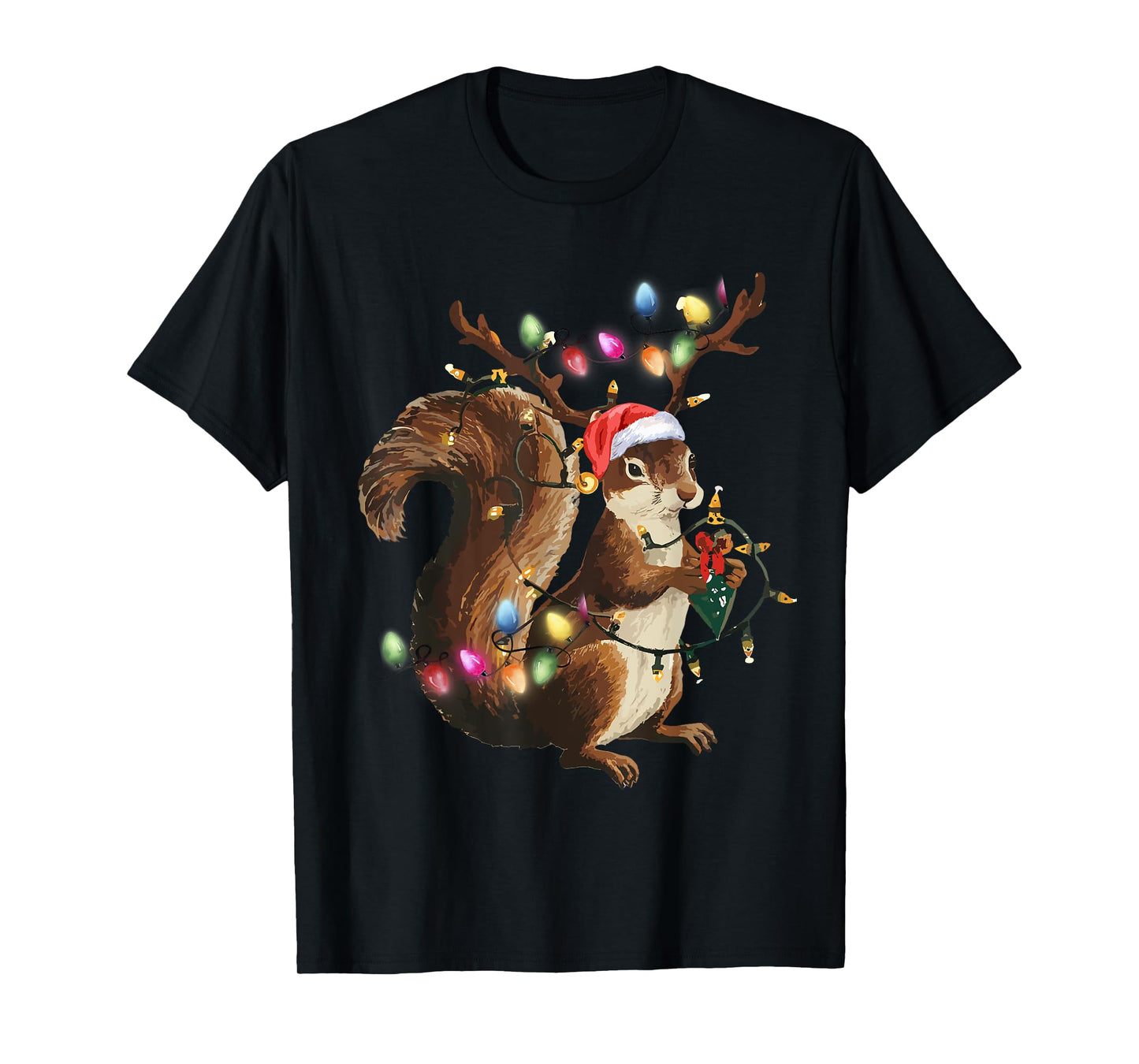 Funny Squirrel Christmas Tree Lights Reindeer Santa Hat Xmas T-Shirt