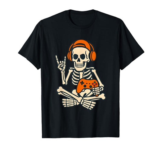 Halloween Skeleton Gamer Video Gaming Boys Men Kids Tees T-Shirt