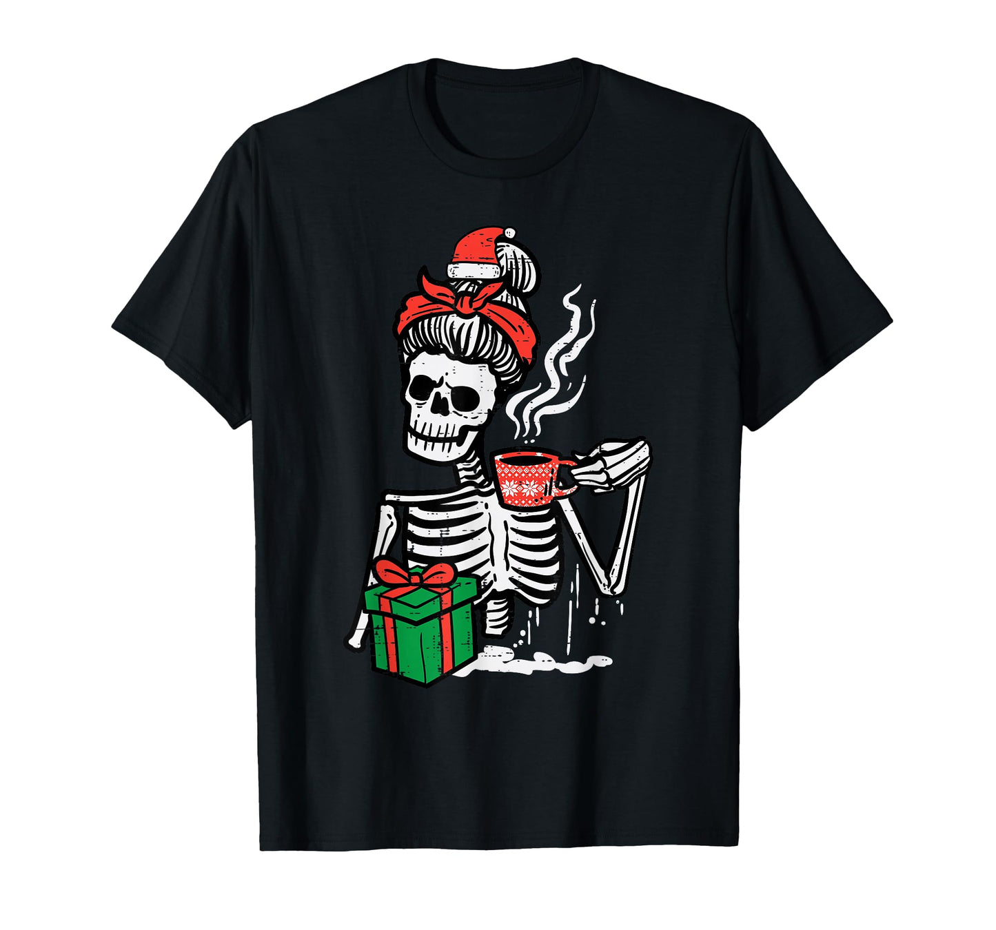 Christmas Skeleton Messy Bun Coffee Xmas Mom Women Girls T-Shirt