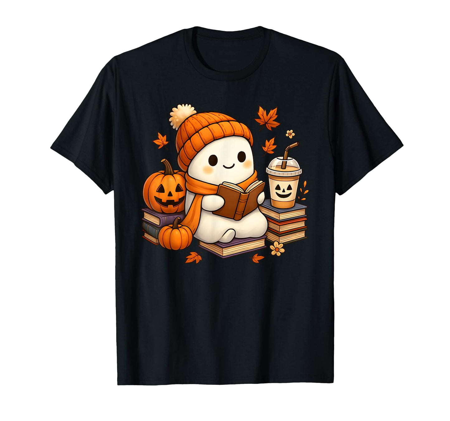 Halloween Ghost Reading Book Lovers Coffee Girl Women T-Shirt