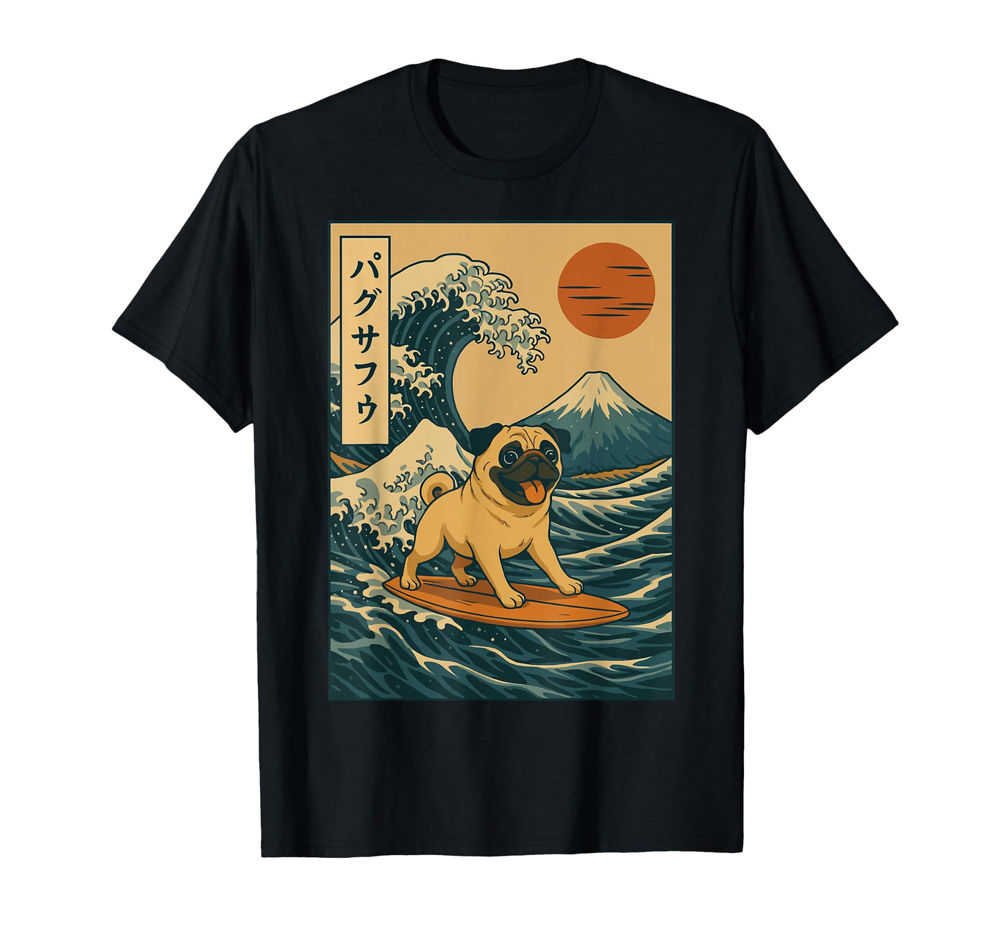 Japanese Pug Surfing Wave Great Wave Japan T-Shirt