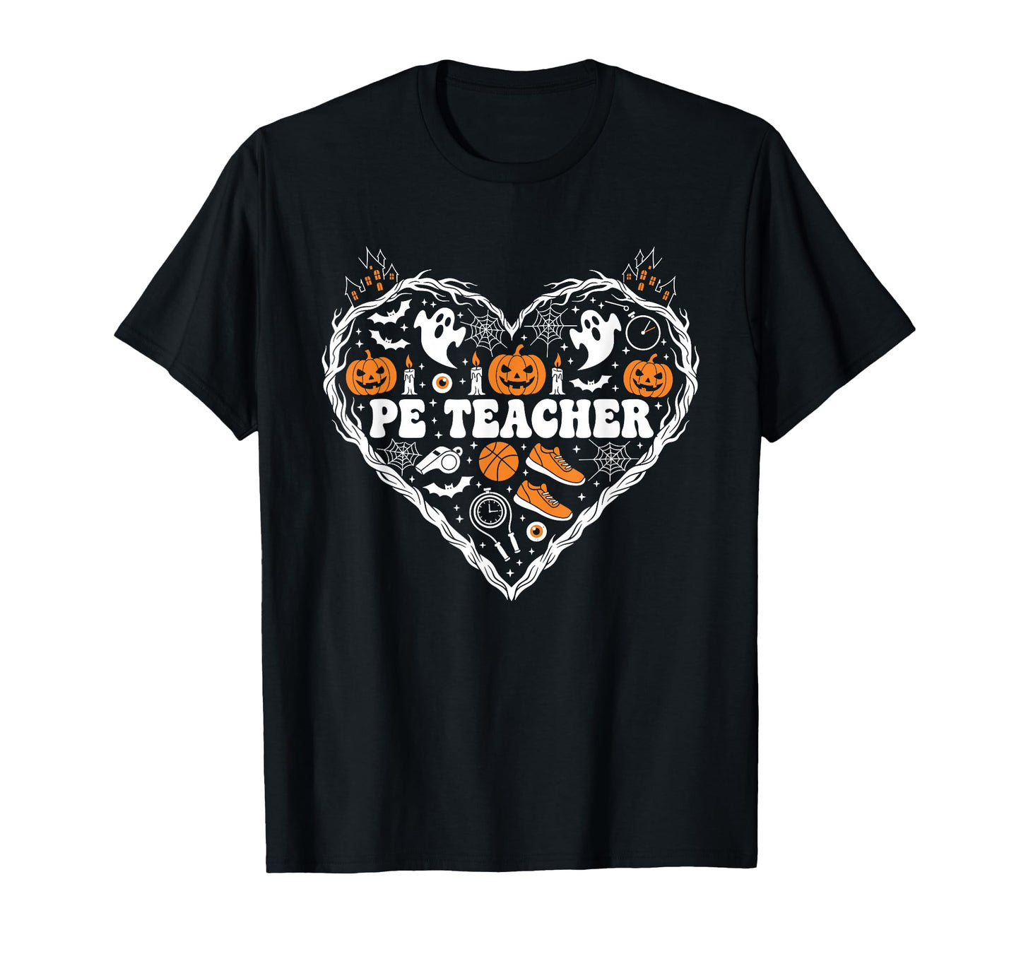 PE Teacher Heart Pumpkin Ghost Halloween Kids Mens Womens T-Shirt