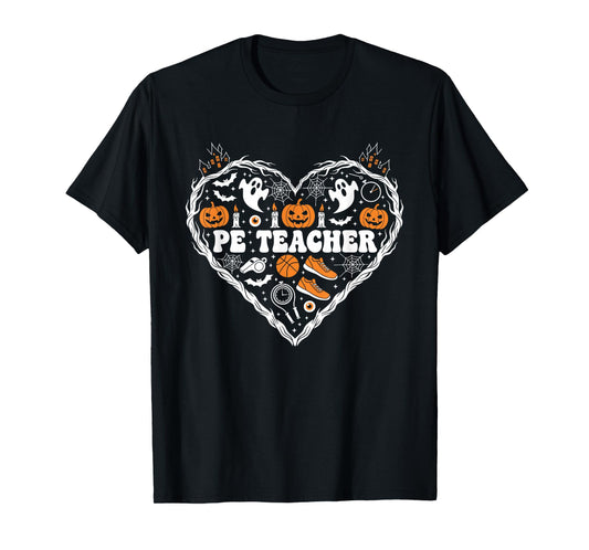 PE Teacher Heart Pumpkin Ghost Halloween Kids Mens Womens T-Shirt