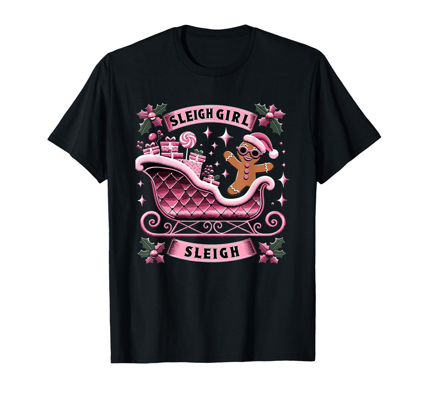 Groovy Pink Christmas Candy Sleigh Girl Gingerbread Holiday T-Shirt