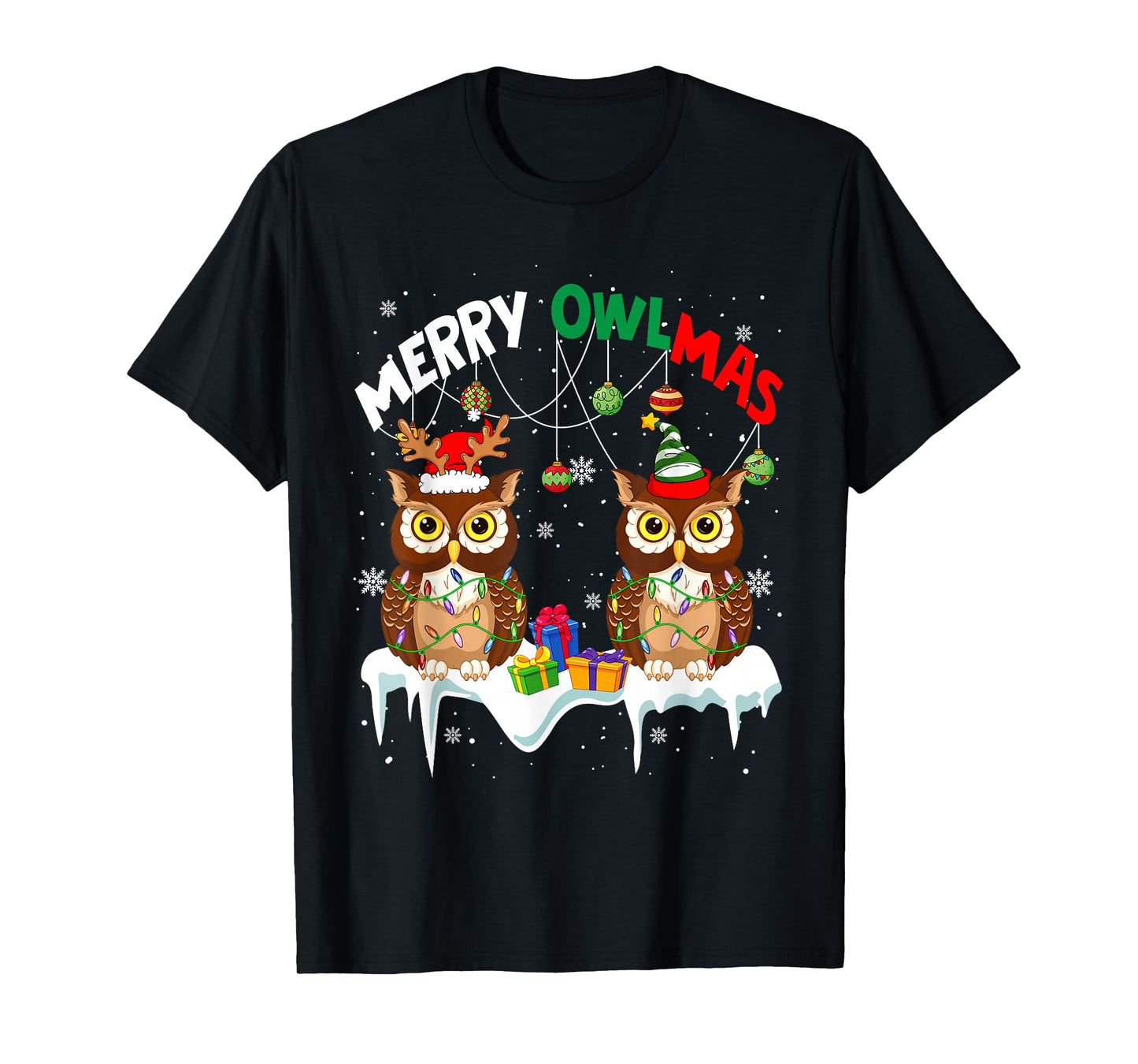 Merry Owlmas Two Santa Elf Owls Bird Lover Family Kids T-Shirt