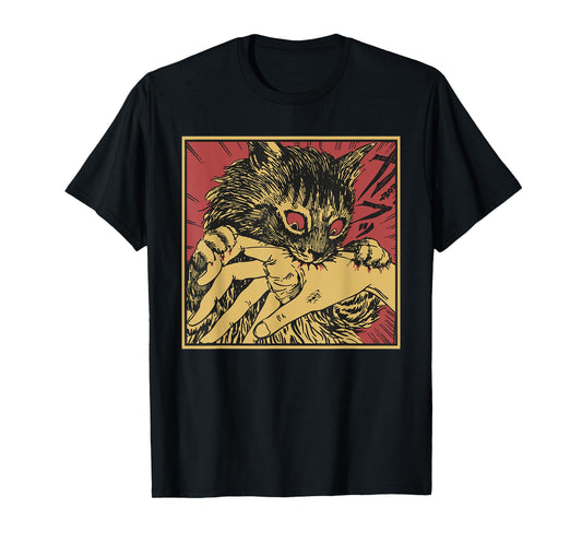 Cat Bite Horror Anime Creepy Crazy Cat Japanese T-Shirt