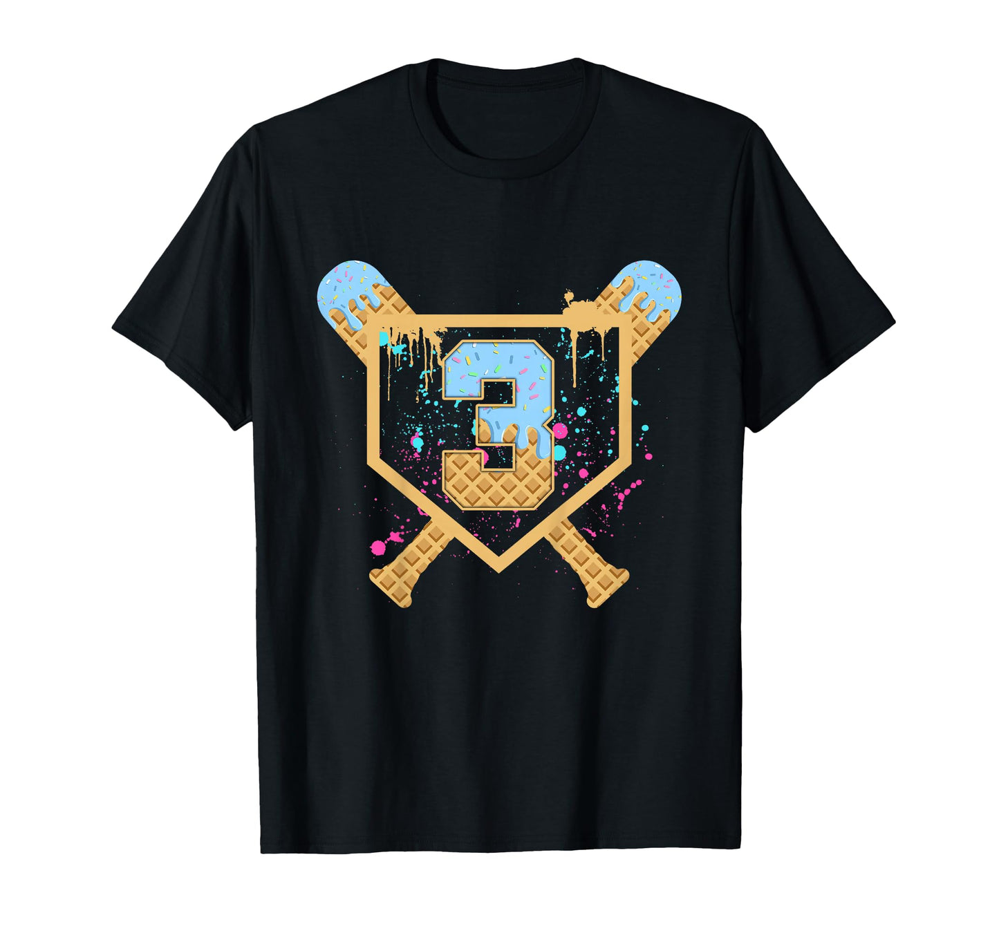 Kids Baseball 3 Year Old Ice Cream Drip 3rd Birthday Boy Number 3 T-Shirt