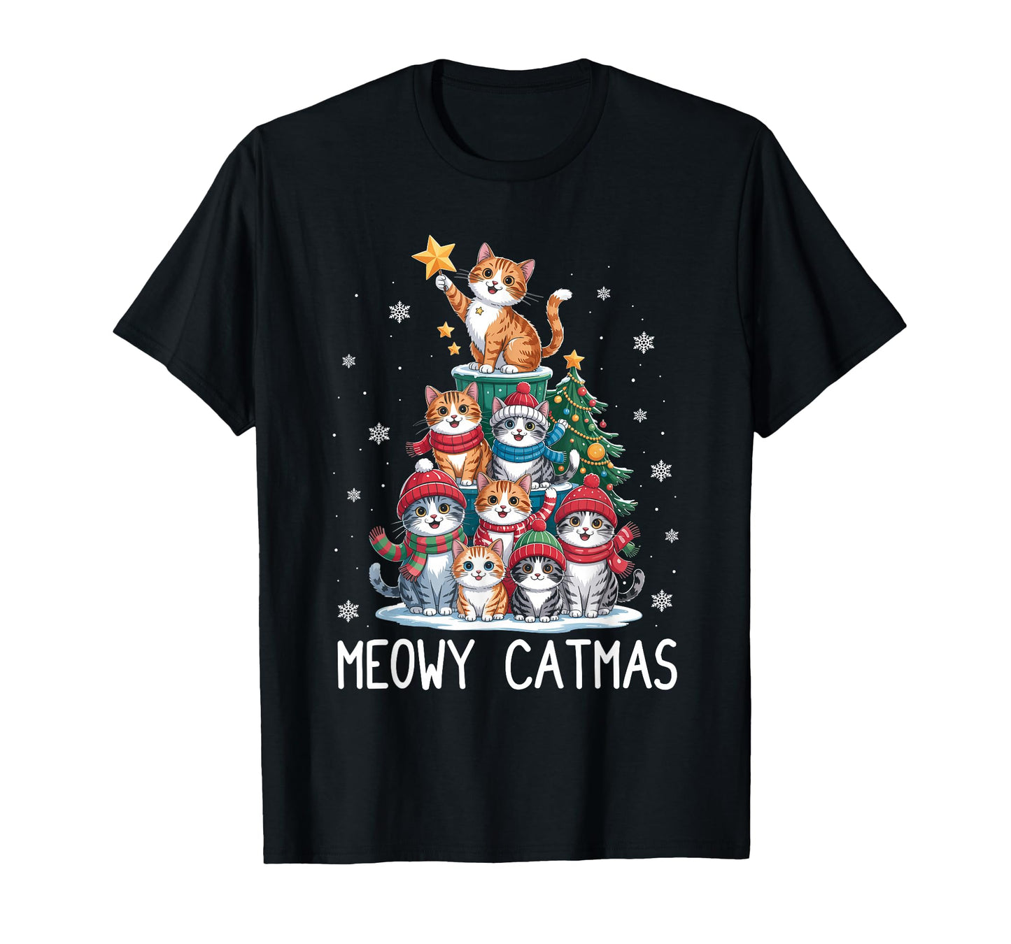 Meowy Catmas Cat Christmas Tree Xmas Girls Boys Funny Santa T-Shirt