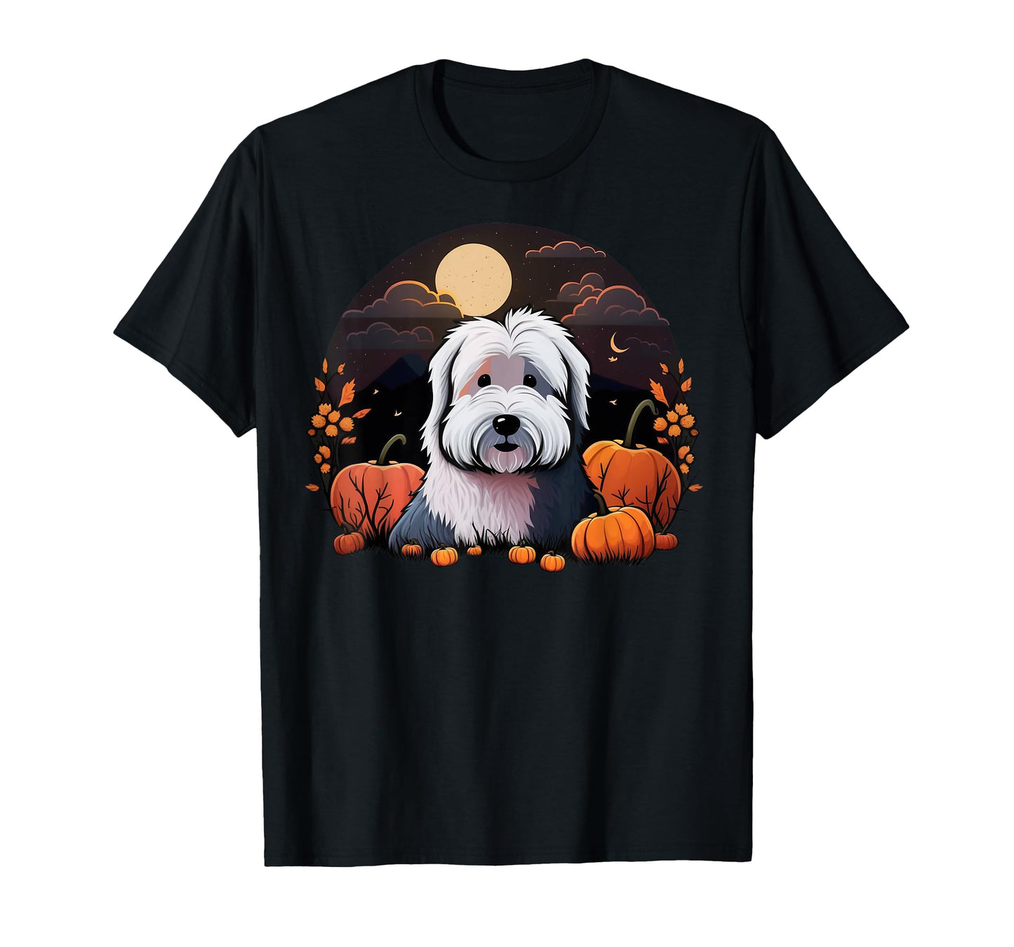 Pumpkin Bobtail costume on Old English Sheepdog Halloween T-Shirt