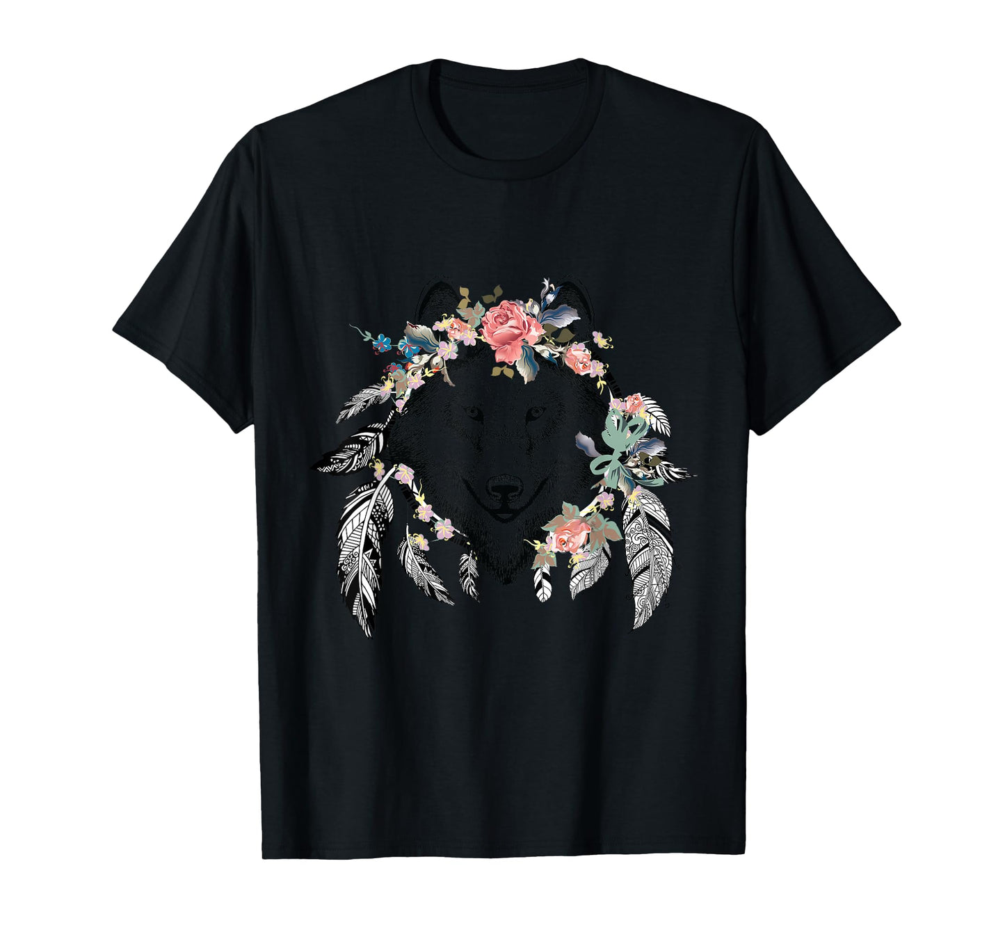 Ethnic Tribal Wolf Head Boho Feather Native American Hippie T-Shirt