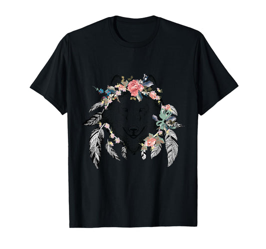 Ethnic Tribal Wolf Head Boho Feather Native American Hippie T-Shirt