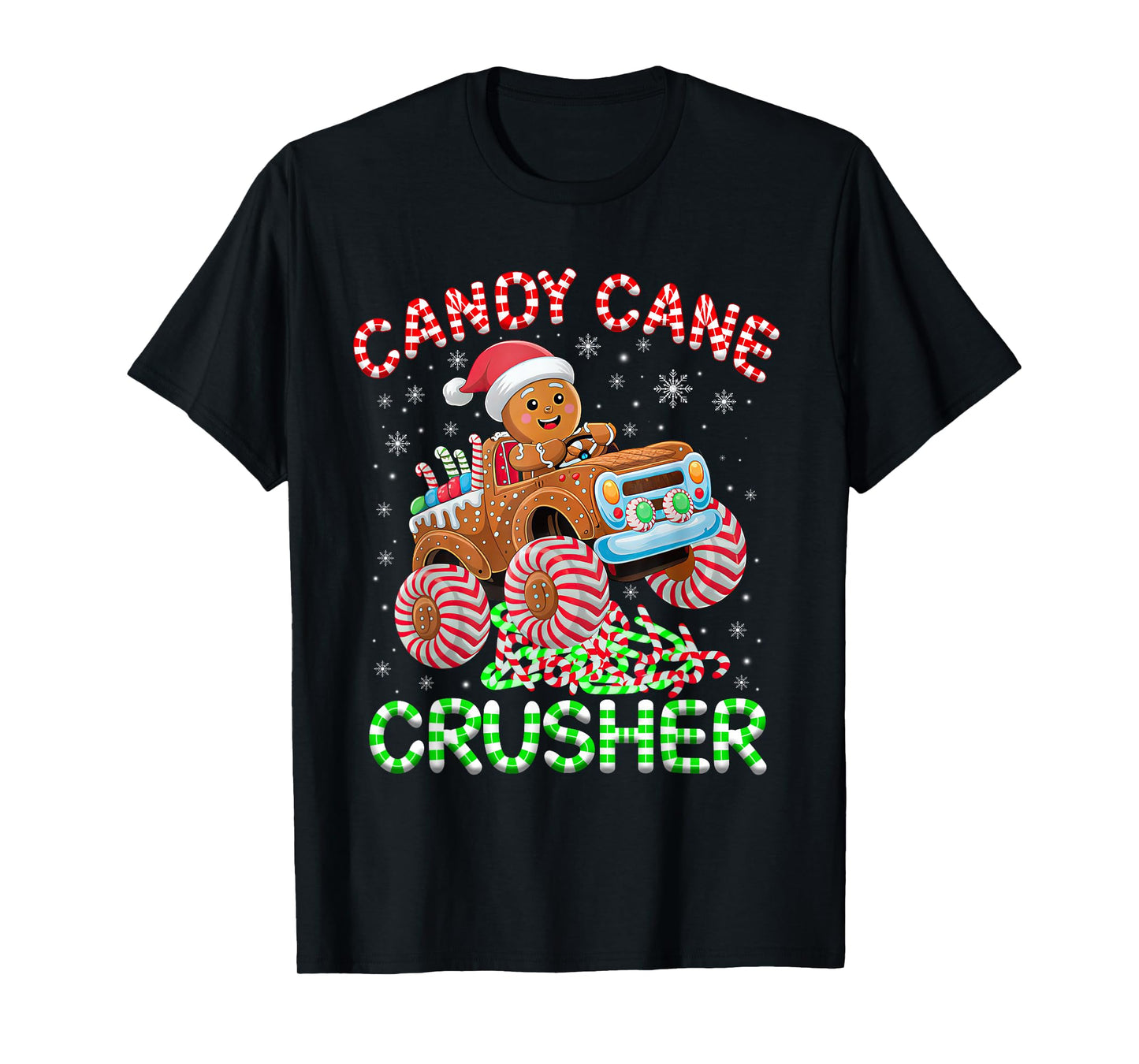 Kids Christmas Gingerbread Candy Cane Crusher Monster Truck T-Shirt