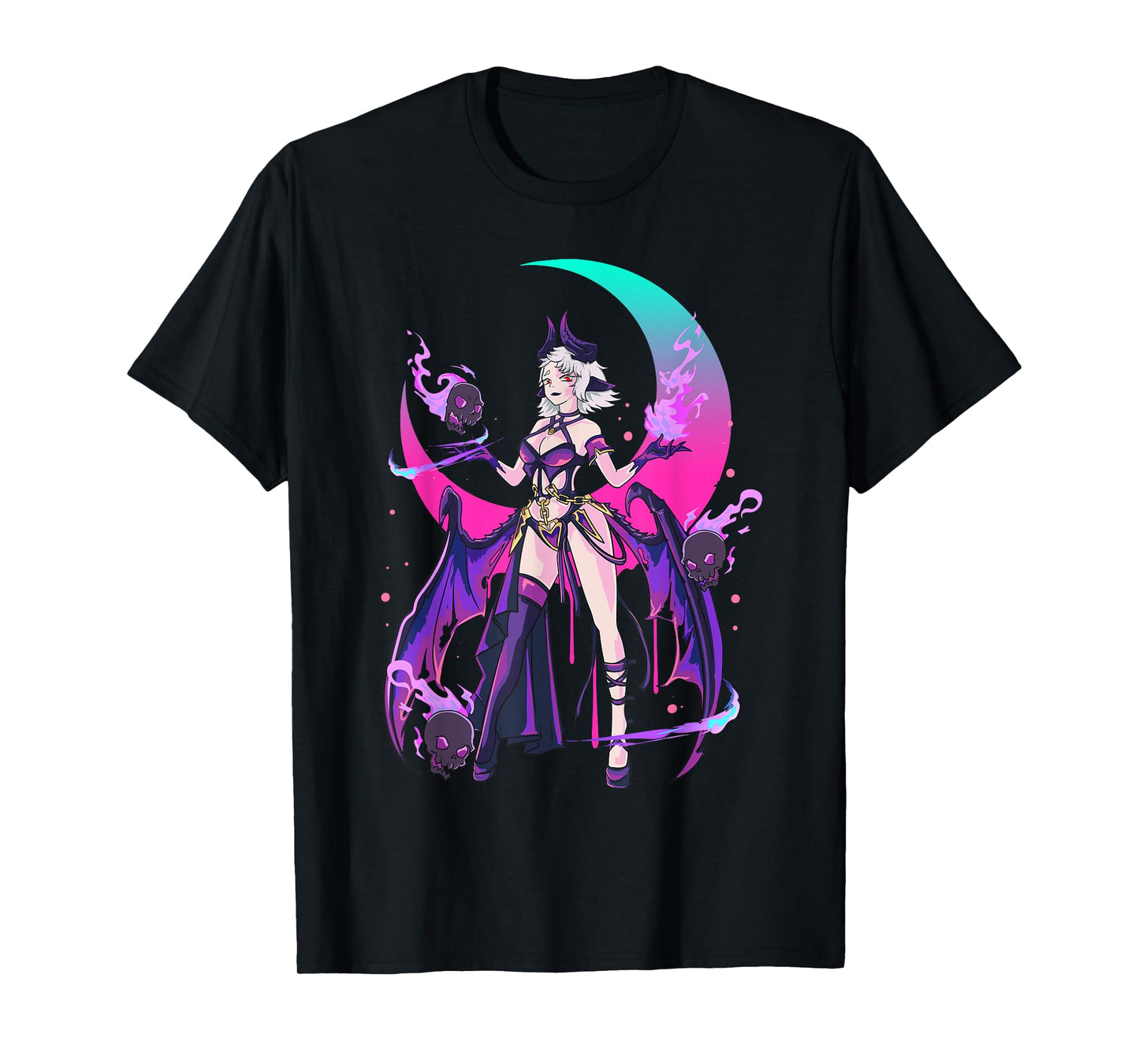 Sexy Anime Devil Witchy Skull Moon Fire Japanese Otaku Magic T-Shirt