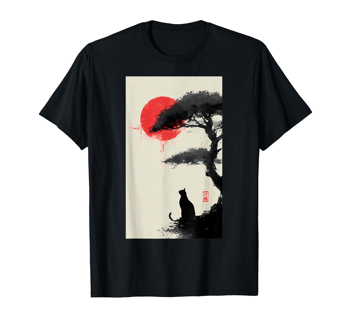 Black Cat Vintage Japan Art Japanese Theme Retro Print T-Shirt