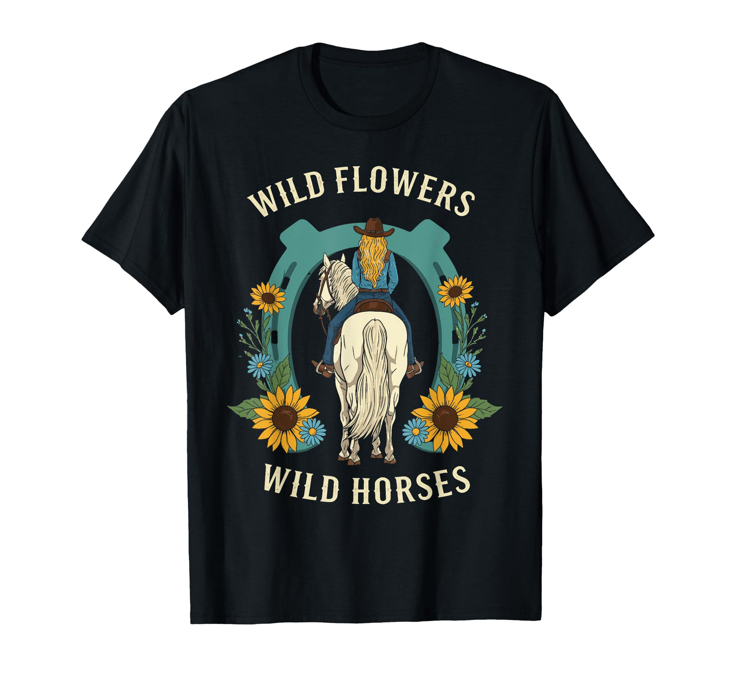 Wild Flowers Wild Horses Retro Rodeo Western Country Cowgirl T-Shirt