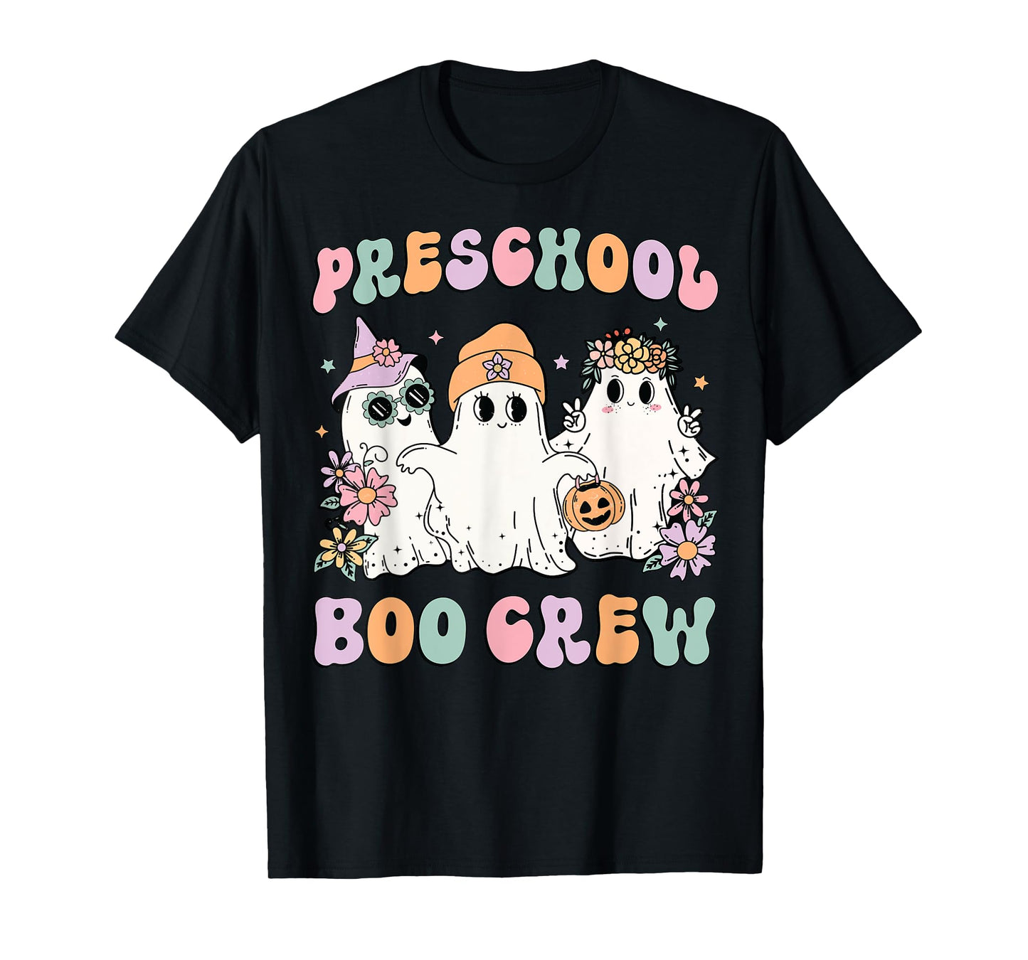 Preschool Boo Crew Groovy Halloween Floral Ghost Teacher Men Women Kids T-Shirt