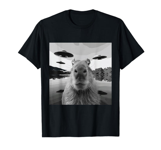 Capybara Selfie with UFOs Weird Alien Funny Cool Kids T-Shirt