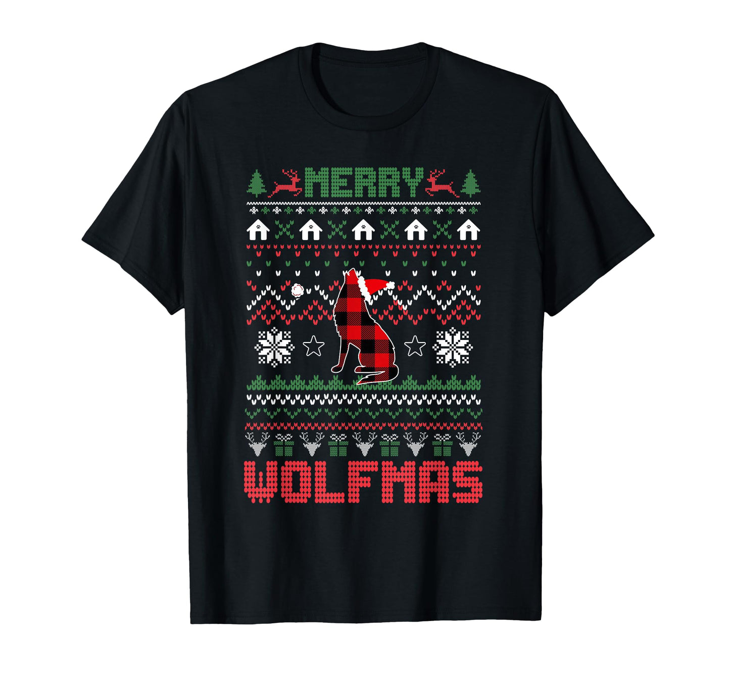 Funny Merry Wolfmas Ugly Christmas Sweater wolf Red Plaid T-Shirt