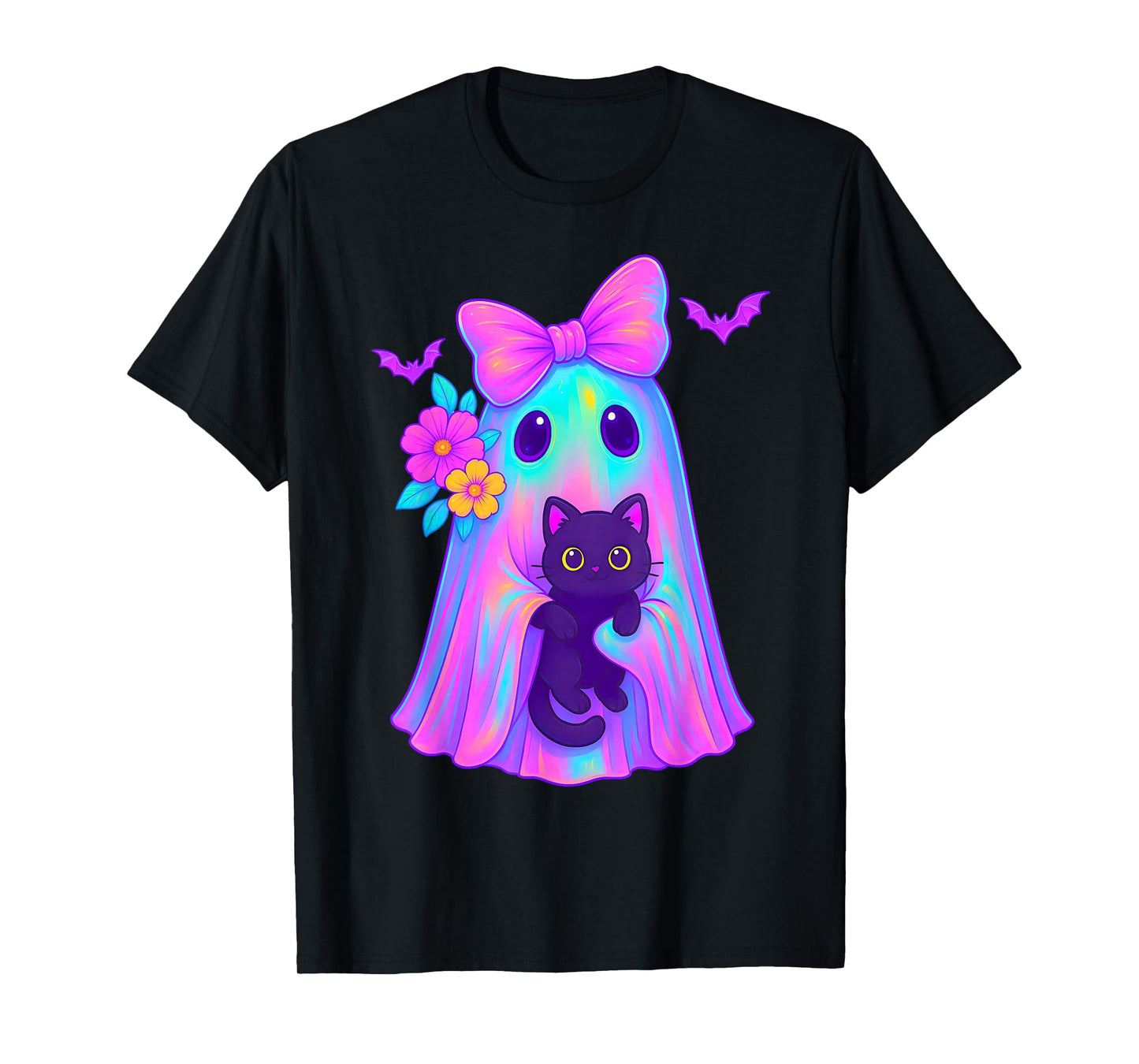 Cute Floral Ghost Holding a Cat Coquette Bow Halloween Women T-Shirt