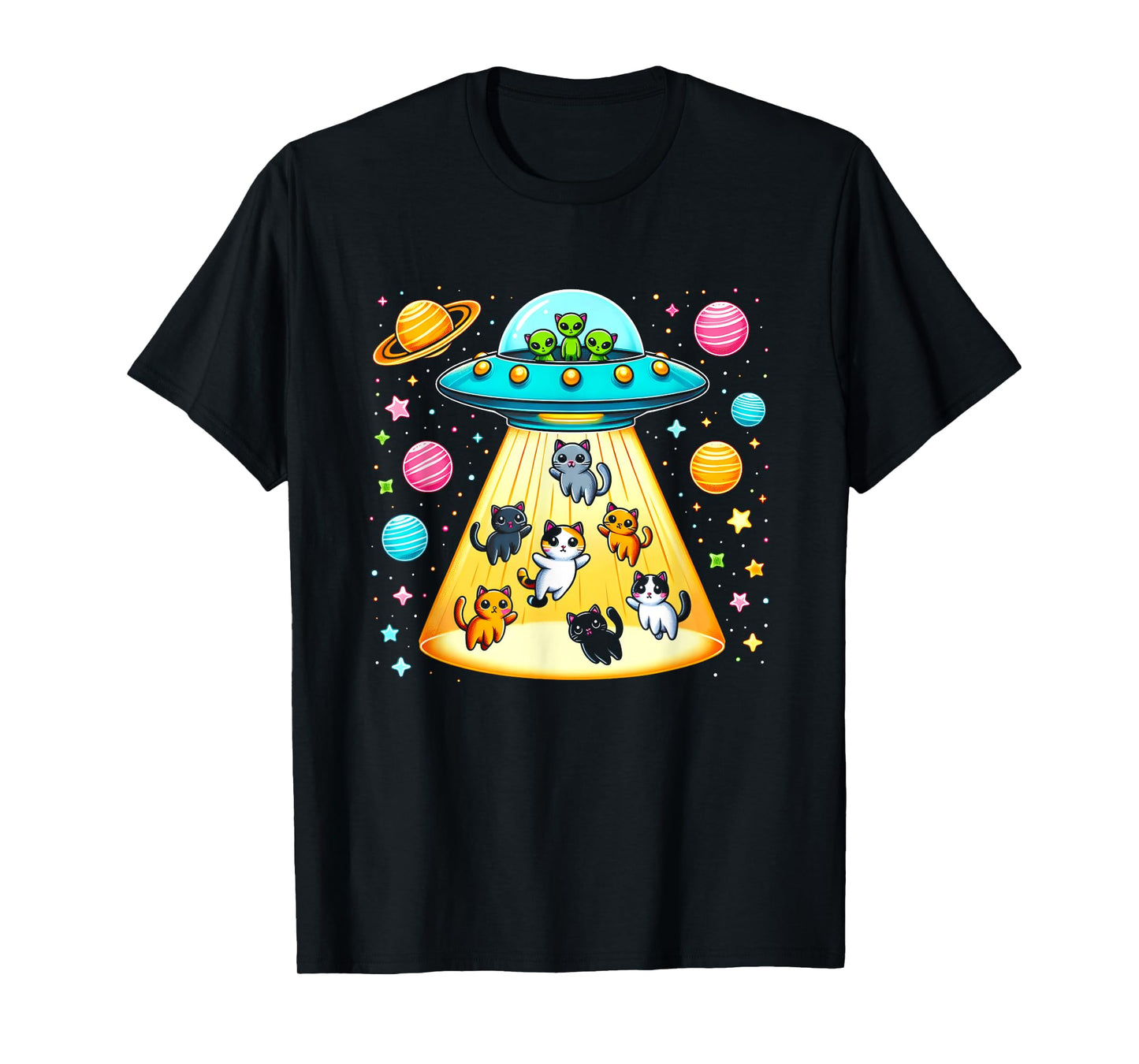 Alien Abduction Cats UFO Flying Saucer Space Sci-fi Planets T-Shirt